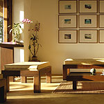 Sun shine through the lobby of Haadson Resort.
